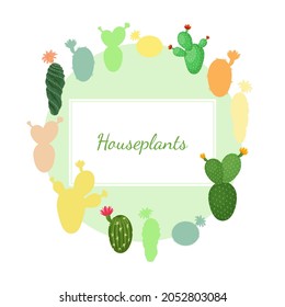 Cactus houseplants design template for text. Cute cacti frame. Desert and exotic plant concept.