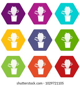 Cactus houseplants in pot icon set many color hexahedron isolated on white vector illustration