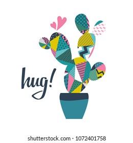 Cactus with hug inscription on white. Vector banner. 