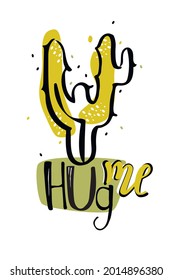 Cactus - hug me. Vector line outline flat style cartoon character illustration. Creative card, print design for child t-shirt, notebook.