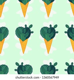 Cactus in a ice cream waffle cone vector seamless pattern. Funny dessert. Succulent in cartoon style.