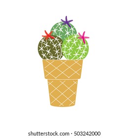 Cactus ice cream in a waffle on white background. Vector illustration. Cactus vector. Ice cream vector. Funny original image.
