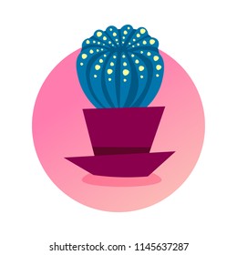 Cactus icon domestic plant concept isolated round frame flat vector illustration