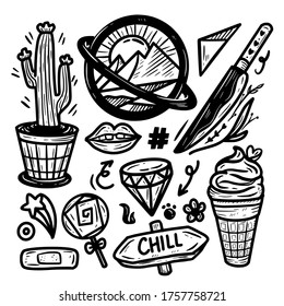 Kaktus und Symbol-Zeichendoodle einzeln auf weißem Hintergrund