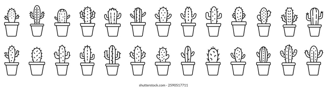 Cactus icon. Editable stroke. Set of black linear icons of cactus in a pot. Plant symbol. Vector illustration