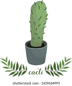 Cactus icon in a flat style with branch on a white background. Home plants cactus in pot with prickles. Isolated vector illustration for poster, banner, decorative element for print, sticker.