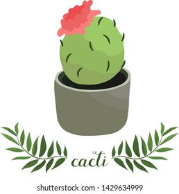 Cactus icon in a flat style with branch on white background. Home plant cactus in pot with flower and prickles. Isolated vector illustration for poster, banner, decorative element for print, sticker.