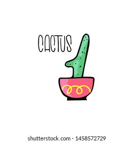 Cactus icon in a flat style on a white background. Home plant cactus in pot. Lettering composition. Hand drawing vector illustration.