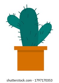 Cactus icon in a flat style on a white background. Home plant cactus in pot and with spines. Decorative evergreen plant with prickly thorns in yellow pot. Tropical desert houseplant vector design