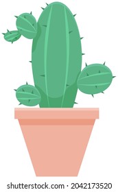 Cactus icon in flat style on white background. Home southern plant cactus in pot and with spines. Decorative evergreen plant with prickly thorns in yellow pot. Tropical desert houseplant vector design