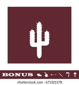 Cactus icon flat. White pictogram on brown background. Vector illustration symbol and bonus icons