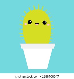 Cactus icon in flower pot. Cute cartoon kawaii smiling baby character. Desert prikly thorny spiny plant. Flat design. Growing concept. Bright green houseplant. Blue background. Isolated. Vector