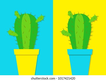 Cactus icon in flower pot icon set. Desert prikly thorny spiny plant. Minimal flat design. Growing concept. Bright green houseplant. Pastel yellow blue color background. Cute cartoon object. Vector