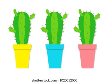 Cactus icon in flower pot icon set. Desert prikly thorny spiny plant. Minimal flat design. Growing concept. Bright green houseplant. White background Isolated. Cute cartoon object. Vector illustration