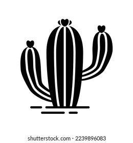 Cactus icon as a hot desert plant with thorns and flowers at the end in black solid style