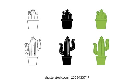 Cactus icon nature. Cactus silhouette. Cactus icon set. Set of beautiful aloe cacti and leaves. Exotic prickly plants. Decorative vases with cacti at home on the table. Vector illustration