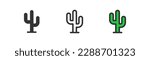 Cactus icon on light background. Desert symbol. Sun, empty, plant, saguaro cactus. Outline, flat and colored style. Flat design. 