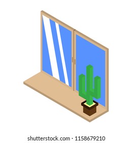 Cactus icon on the windowsill. Isometric illustration of a vector. vector for website