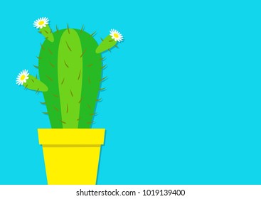 Cactus icon in the pot. White daisy chamomile flower. Desert prikly thorny spiny plant. Minimal flat design. Growing concept. Bright green houseplant. Pastel blue color background. Isolated. Vector