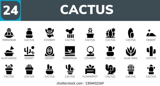 cactus icon set. 24 filled cactus icons.  Simple modern icons about  - Terrarium, Cactus, Cowboy, Desert, Guacamole, Aloe vera, Flowerpot