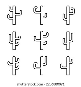 Cactus icon set, black line isolated on white background, vector illustration.