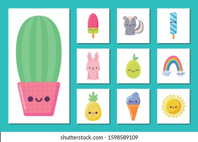cactus and icon set cartoons design, Kawaii expression cute character funny and emoticon theme Vector illustration