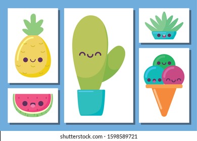 cactus and icon set cartoons design, Kawaii expression cute character funny and emoticon theme Vector illustration