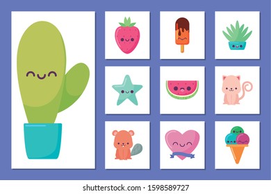 cactus and icon set cartoons design, Kawaii expression cute character funny and emoticon theme Vector illustration