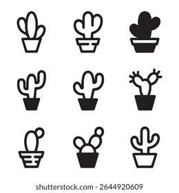 Cactus Icon Set Collection. Cute Cactus Icons in Pots
