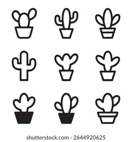 Cactus Icon Set Collection. Cute Cactus Icons in Pots
