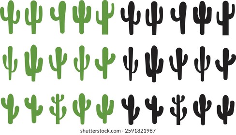 Cactus icon set. Cactus silhouette vector collection isolated on transparent background. Home plant flat and line element. Mexican desert plant pictogram. Wild cactus linear nature garden symbol