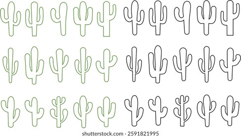 Cactus icon set. Cactus silhouette vector collection isolated on transparent background. Home plant flat and line element. Mexican desert plant pictogram. Wild cactus linear nature garden symbol