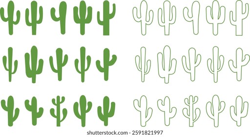 Cactus icon set. Cactus silhouette vector collection isolated on transparent background. Home plant flat and line element. Mexican desert plant pictogram. Wild cactus linear nature garden symbol