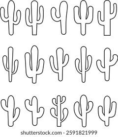 Cactus icon set. Cactus silhouette vector collection isolated on transparent background. Home plant flat and line element. Mexican desert plant pictogram. Wild cactus linear nature garden symbol