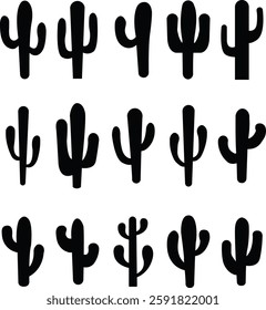 Cactus icon set. Cactus silhouette vector collection isolated on transparent background. Home plant flat and line element. Mexican desert plant pictogram. Wild cactus linear nature garden symbol