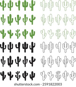 Cactus icon set. Cactus silhouette vector collection isolated on transparent background. Home plant flat and line element. Mexican desert plant pictogram. Wild cactus linear nature garden symbol