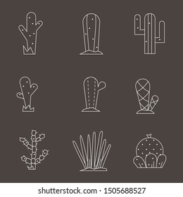 Cactus icon set.Vector collection of exotic plants.Decorative natural plant elements white colors isolated on a brown background in thin line style.