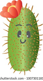 Cactus icon with smiley face and flower in cartoon style.