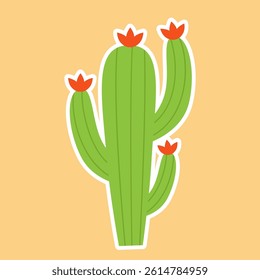 Cactus icon or sticker. Vector symbol of holiday and festival. Cartoon cactus drawing for fabric printing.