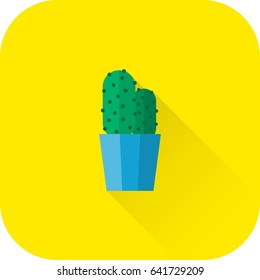 Cactus icon. Vector. Flat design with long shadow. Flower in pot isolated on yellow background