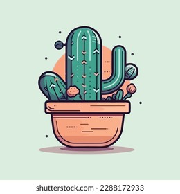 Cactus icons in a flat style . Home plants cactus in pots and with flowers. A variety of decorative cactus with prickles and without.