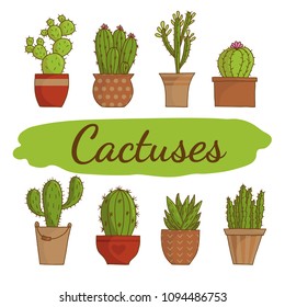 Cactus icons in a flat style on a white background. Home plants cactus in pots. A variety of decorative cactus. Flat, cartoon style, hand drawn. Vector illustration white background. Element design.