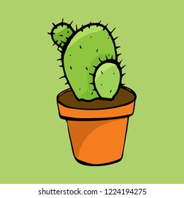 Cactus icons in a flat style on a green background. Home plants cactus in pots. A variety of decorative cactus with prickles and without.
