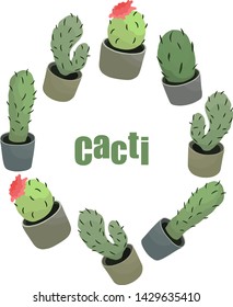 Cactus icons in a flat style on a white background. Home plants cactus in pots and with flowers. Wreath of decorative cactus with prickles. Isolated vector elements for print dress, banner, sticker.