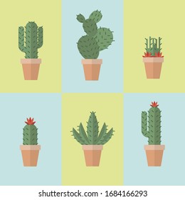 Cactus icons in a flat style on a white background. Home plants cactus in pots and with flowers. A variety of decorative cactus with prickles and without.