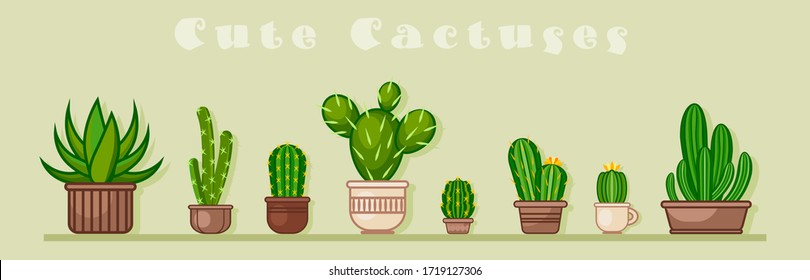 Cactus icons in a flat style on background. Home plants cactus in pots and with flowers. A variety of decorative cactus with prickles and without. Cactus poster