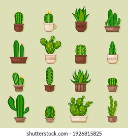 Cactus icons in a flat style on background. Home plants cactus in pots and with flowers. A variety of decorative cactus with prickles and without. Cactus logo