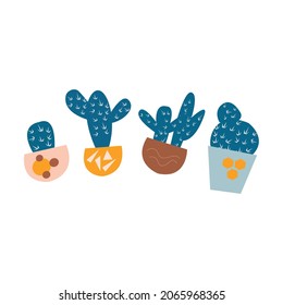 Cactus iconos en un estilo plano sobre el fondo. Las plantas de los hogares caen en macetas y con flores. Una variedad de cactus decorativos con picaduras y sin ellas. Vector