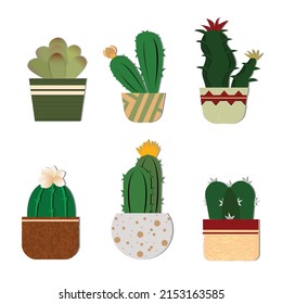 Cactus icons in a flat style on a white background. Home plants cactus in pots and with flowers. 