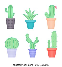Cactus icons in a flat style on a white background. House plants cactus in pots and with flowers. A variety of decorative cacti with and without thorns.